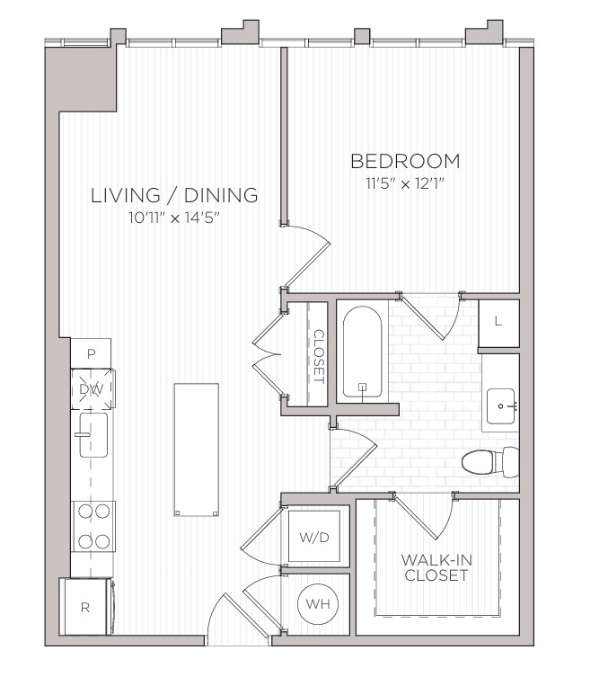 Floor plan for 1 bed, 1 bath, 696 sqft